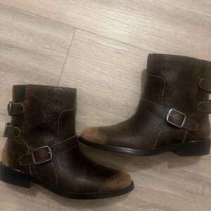 Distressed Brown Leather Buckle Boots